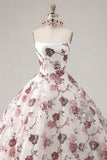 Baljurk strapless korset Wit rood bloemen quinceañera jurk