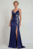 Marineblauw satijn spaghettibandjes met appliquatie Mother of the Bride jurk met split
