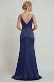 Marineblauw satijn spaghettibandjes met appliquatie Mother of the Bride jurk met split