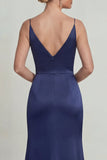 Marineblauw satijn spaghettibandjes met appliquatie Mother of the Bride jurk met split