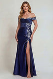 Marineblauw off the shoulder satijn geappliceerde moederjurk van de bruid met split