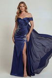Marineblauw korset met off-shoulder geappliqueerde zeemeerminjurk Moeder van de bruid jurk met split