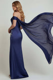 Marineblauw korset met off-shoulder geappliqueerde zeemeerminjurk Moeder van de bruid jurk met split