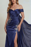 Marineblauw korset met off-shoulder geappliqueerde zeemeerminjurk Moeder van de bruid jurk met split