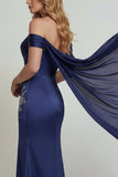 Marineblauw korset met off-shoulder geappliqueerde zeemeerminjurk Moeder van de bruid jurk met split