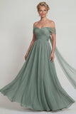 Off-the-shoulder chiffon Een lijn Stoffige Salie Moeder van de Bruid Jurk met slinger