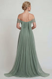 Off-the-shoulder chiffon Een lijn Stoffige Salie Moeder van de Bruid Jurk met slinger