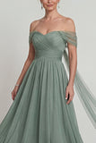 Off-the-shoulder chiffon Een lijn Stoffige Salie Moeder van de Bruid Jurk met slinger
