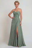 Stoffy Sage Sweetheart Een lijn gerimpelde chiffon Moeder van de Bruid Jurk met split