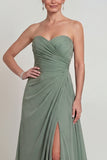 Stoffy Sage Sweetheart Een lijn gerimpelde chiffon Moeder van de Bruid Jurk met split