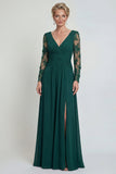 Donkergroene A-lijn lange mouwen met appliquatie Mother of the Bride jurk met split