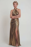 Halter metallic gouden schede open rug Mother of the Bride jurk met split