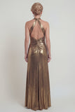 Halter metallic gouden schede open rug Mother of the Bride jurk met split