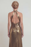 Halter metallic gouden schede open rug Mother of the Bride jurk met split