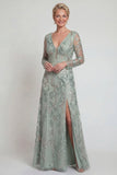 Groen A-lijn lange mouwen pailletten Mother of the Bride jurk met split