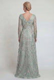 Groen A-lijn lange mouwen pailletten Mother of the Bride jurk met split