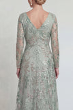 Groen A-lijn lange mouwen pailletten Mother of the Bride jurk met split