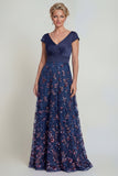 Marineblauwe pailletten Een lijn V-hals lange Mother of the Bride jurk met capmouwen