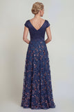 Marineblauwe pailletten Een lijn V-hals lange Mother of the Bride jurk met capmouwen