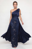 Eenschouder marineblauwe pailletten met strik Mother of the Bride jurk met cape