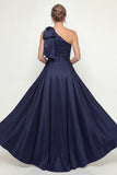 Eenschouder marineblauwe pailletten met strik Mother of the Bride jurk met cape