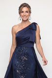 Eenschouder marineblauwe pailletten met strik Mother of the Bride jurk met cape