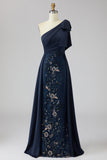 Eenschouder marineblauwe pailletten met strik Mother of the Bride jurk met cape