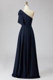 Eenschouder marineblauwe pailletten met strik Mother of the Bride jurk met cape