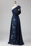 Eenschouder marineblauwe pailletten met strik Mother of the Bride jurk met cape