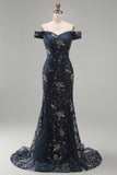 Off the Shoulder marineblauwe met kralen bezette zeemeermin Lange Moeder van de Bruid jurk