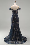 Off the Shoulder marineblauwe met kralen bezette zeemeermin Lange Moeder van de Bruid jurk