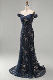 Off the Shoulder marineblauwe met kralen bezette zeemeermin Lange Moeder van de Bruid jurk