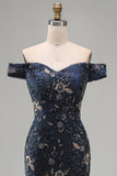 Off the Shoulder marineblauwe met kralen bezette zeemeermin Lange Moeder van de Bruid jurk