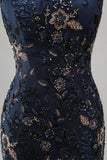 Off the Shoulder marineblauwe met kralen bezette zeemeermin Lange Moeder van de Bruid jurk
