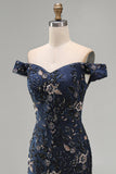 Off the Shoulder marineblauwe met kralen bezette zeemeermin Lange Moeder van de Bruid jurk