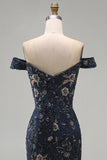 Off the Shoulder marineblauwe met kralen bezette zeemeermin Lange Moeder van de Bruid jurk
