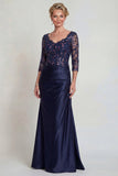 Marine zeemeermin V-hals paillettenjurk Mother of the Bride met 3/4 mouwen