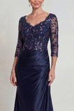Marine zeemeermin V-hals paillettenjurk Mother of the Bride met 3/4 mouwen