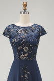 Glinsterende Marineblauw schede pailletten boothals midi Moeder van de Bruid jurk