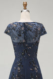 Glinsterende Marineblauw schede pailletten boothals midi Moeder van de Bruid jurk