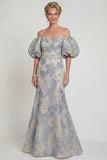 Bloemen Stoffige Blauwe Zeemeermin Off The Shoulder Moeder van de Bruid Jurk