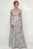 Stoffig blauw A-lijn bloemen off the shoulder moeder van de bruid jurk