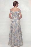 Stoffig blauw A-lijn bloemen off the shoulder moeder van de bruid jurk