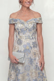 Stoffig blauw A-lijn bloemen off the shoulder moeder van de bruid jurk