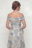 Stoffig blauw A-lijn bloemen off the shoulder moeder van de bruid jurk