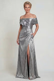 Off-the-shoulder grijs zilver A-lijn gerimpelde moeder van de bruid jurk met zakken