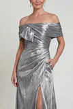 Off-the-shoulder grijs zilver A-lijn gerimpelde moeder van de bruid jurk met zakken