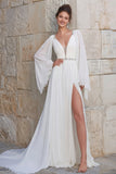 Glinsterende ivoorkleurige chiffon A Line V-hals lange trouwjurk met split
