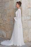 Glinsterende ivoorkleurige chiffon A Line V-hals lange trouwjurk met split