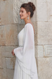 Glinsterende ivoorkleurige chiffon A Line V-hals lange trouwjurk met split